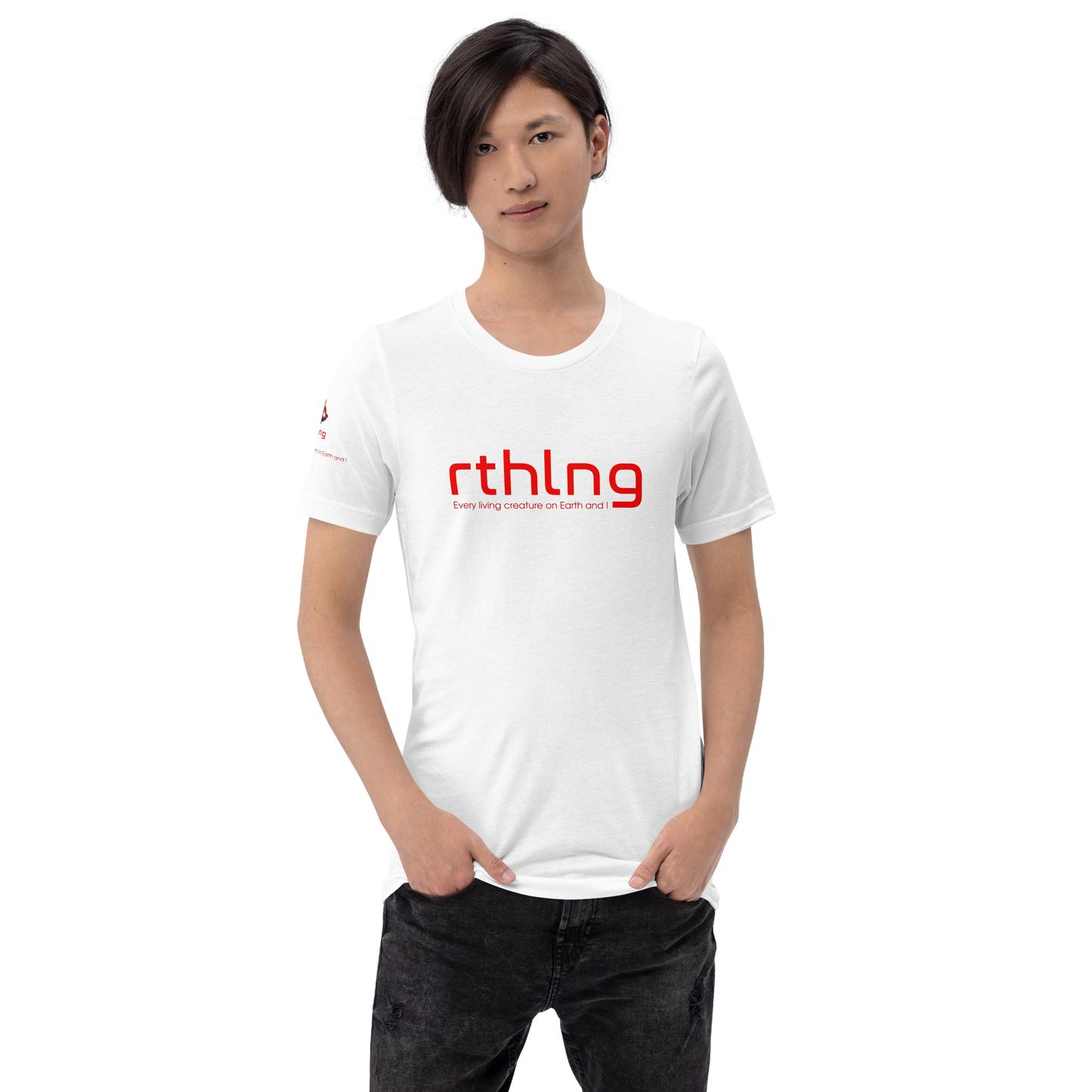 Person wearing a white t-shirt with red text rthlng logo on a white background
