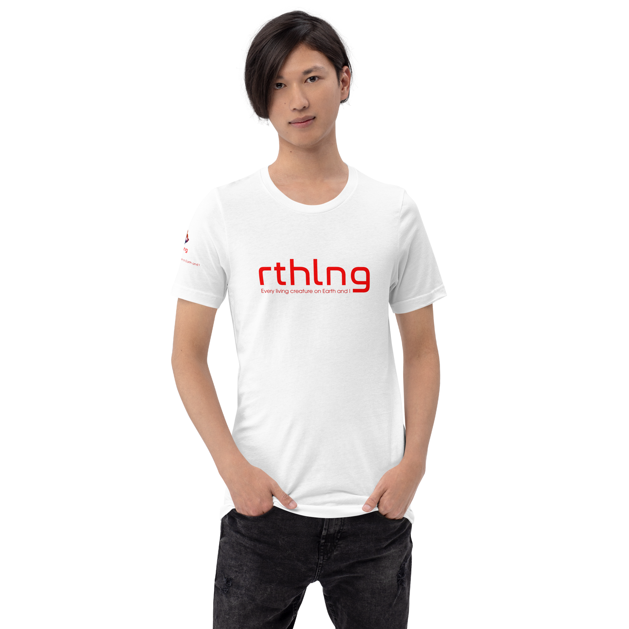 Person wearing a white t-shirt with red text rthlng logo on a white background