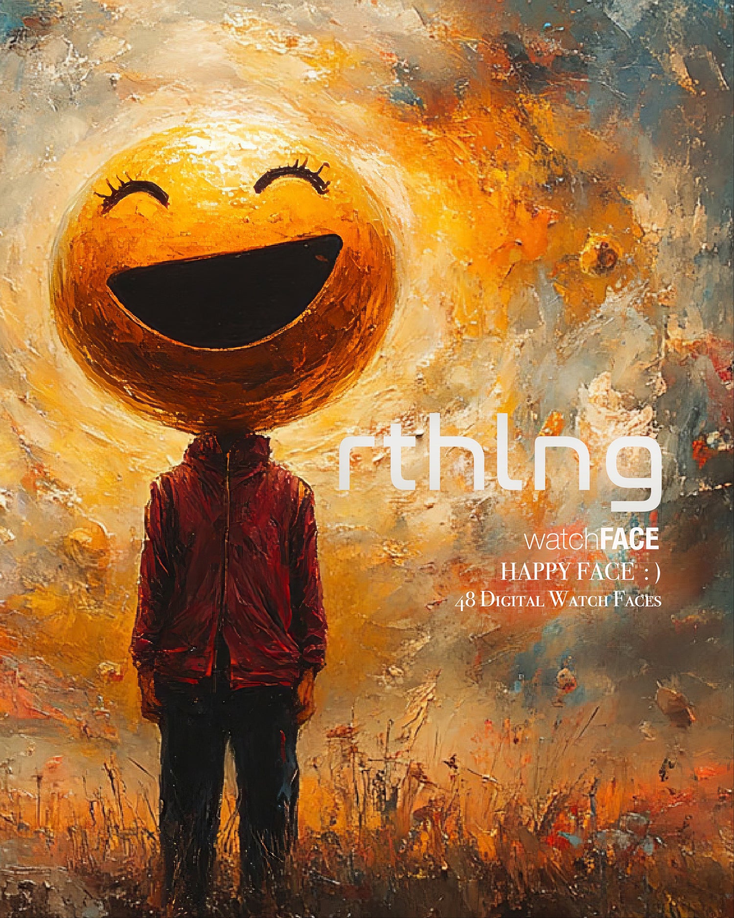 Person wearing a red jacket with a smiley face above their head against a colorful, abstract background.