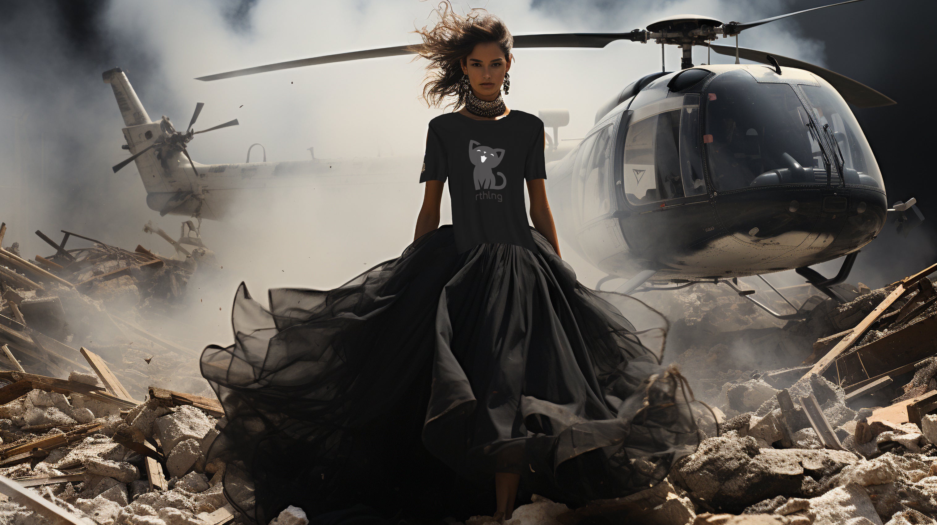 Woman in rthlng cat 001 T-shirt wearing a black dress standing amidst rubble with a helicopter in the background